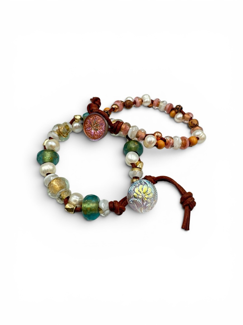 Artisan Czech Glass Pearl Leather Wood Wrap Bracelet Vintage Glass Button